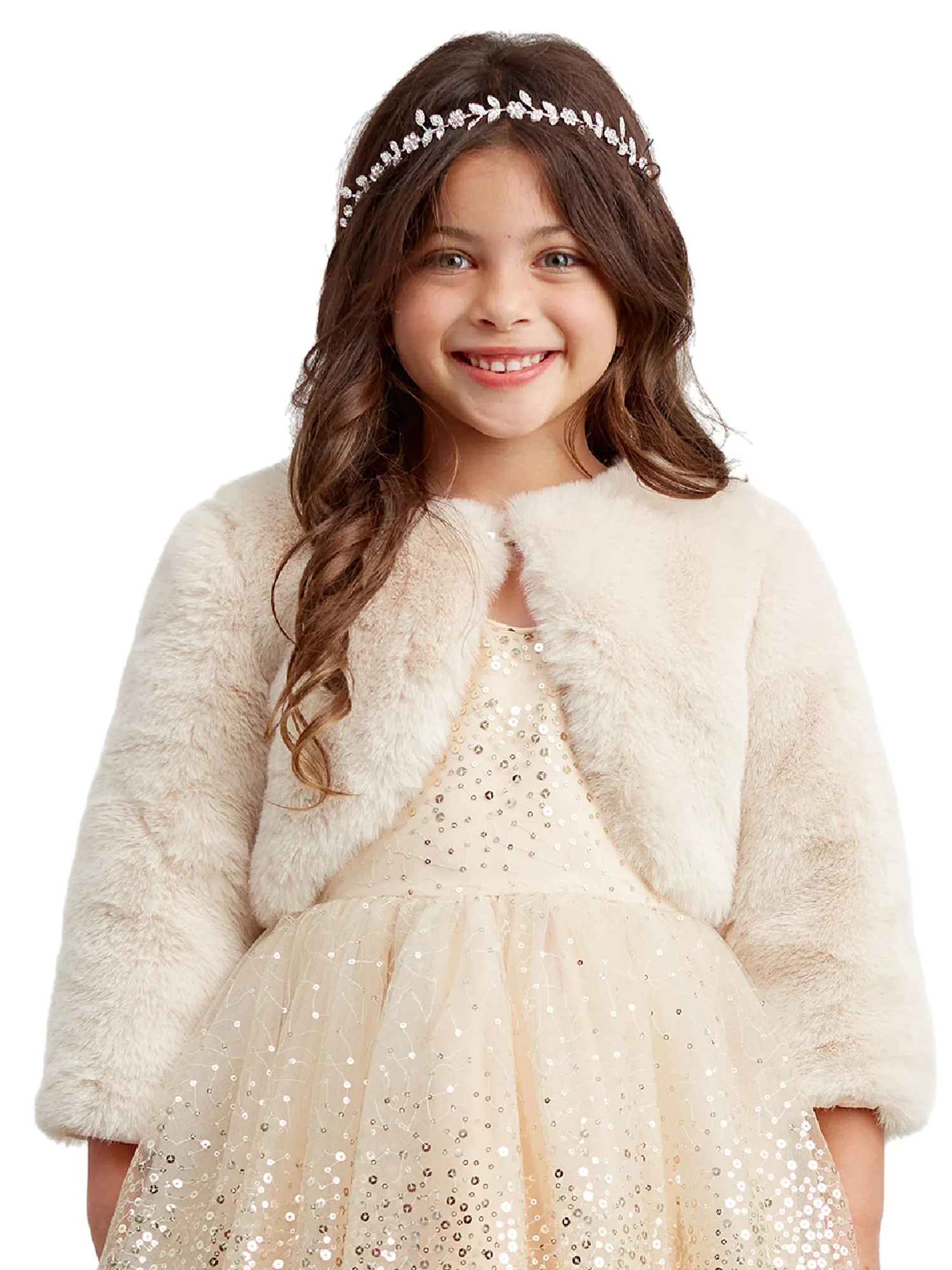 Big Girls Champagne Stylish Faux Fur Bolero Jacket 8-14