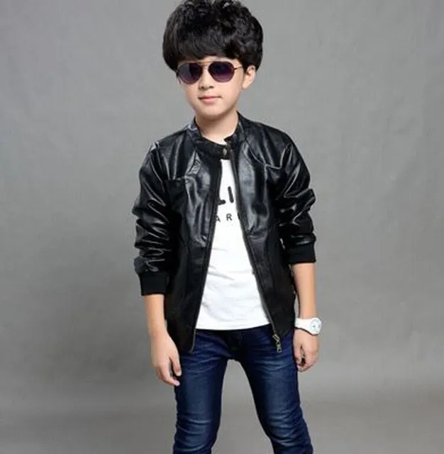 Children clothing PU leather winter jacket inside boys coat