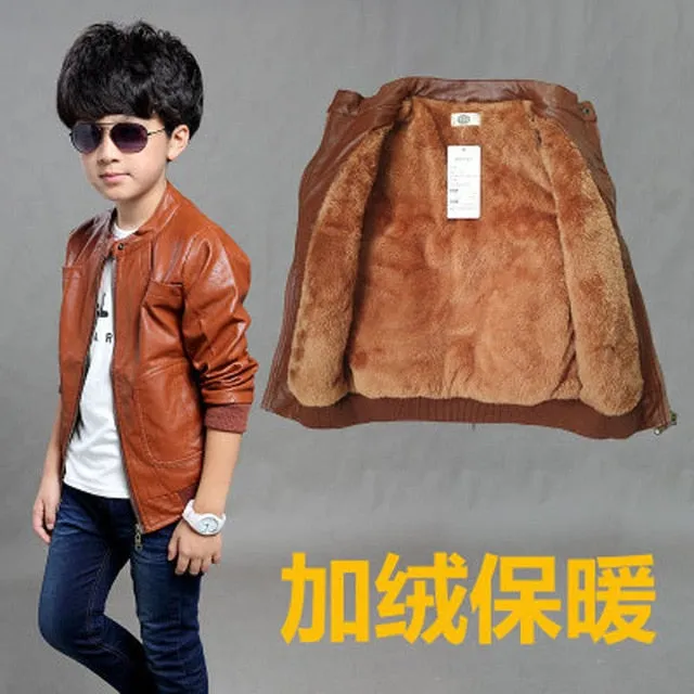 Children clothing PU leather winter jacket inside boys coat