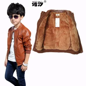 Children clothing PU leather winter jacket inside boys coat