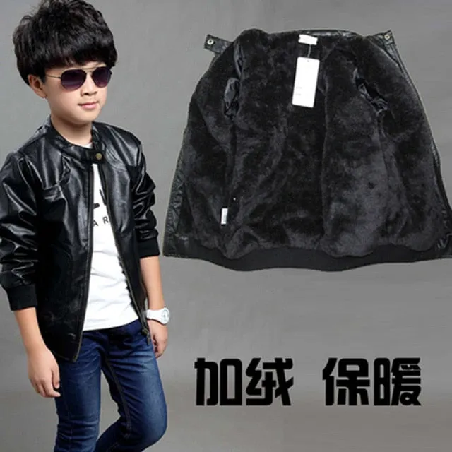 Children clothing PU leather winter jacket inside boys coat