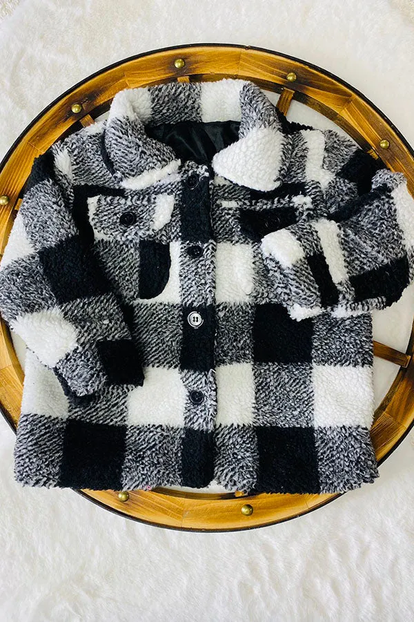 DLH2741 Kids black & white plaid sherpa long sleeve girls coats