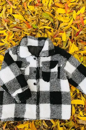 DLH2741 Kids black & white plaid sherpa long sleeve girls coats