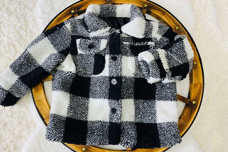 DLH2741 Kids black & white plaid sherpa long sleeve girls coats