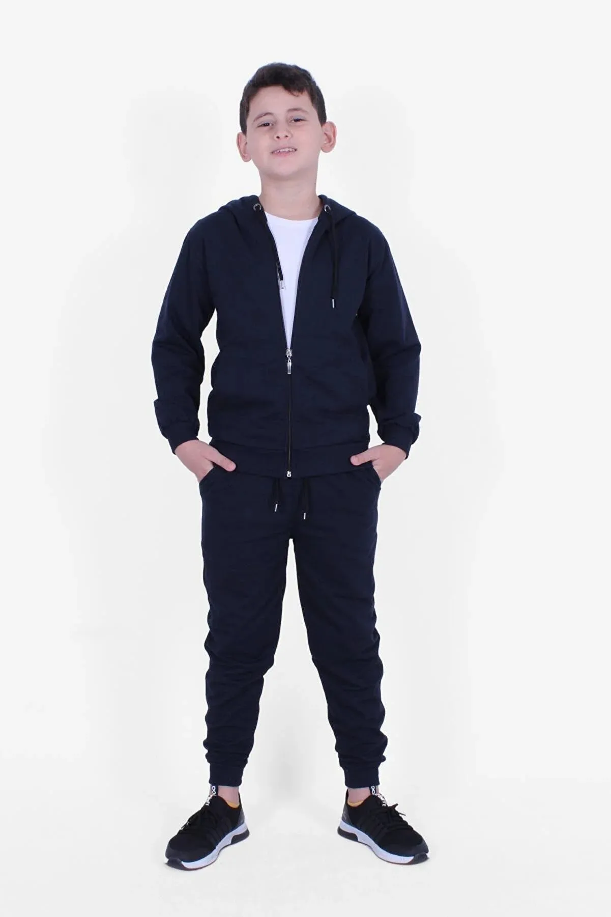 Fyk Kids Boy's Navy Blue White Zippered Basic T-shirt 2 Pack Tracksuit