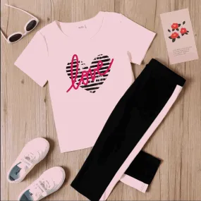 Letter Heart Print Pink Tee and Capri Pants Set - Kids Girl (2Pcs)