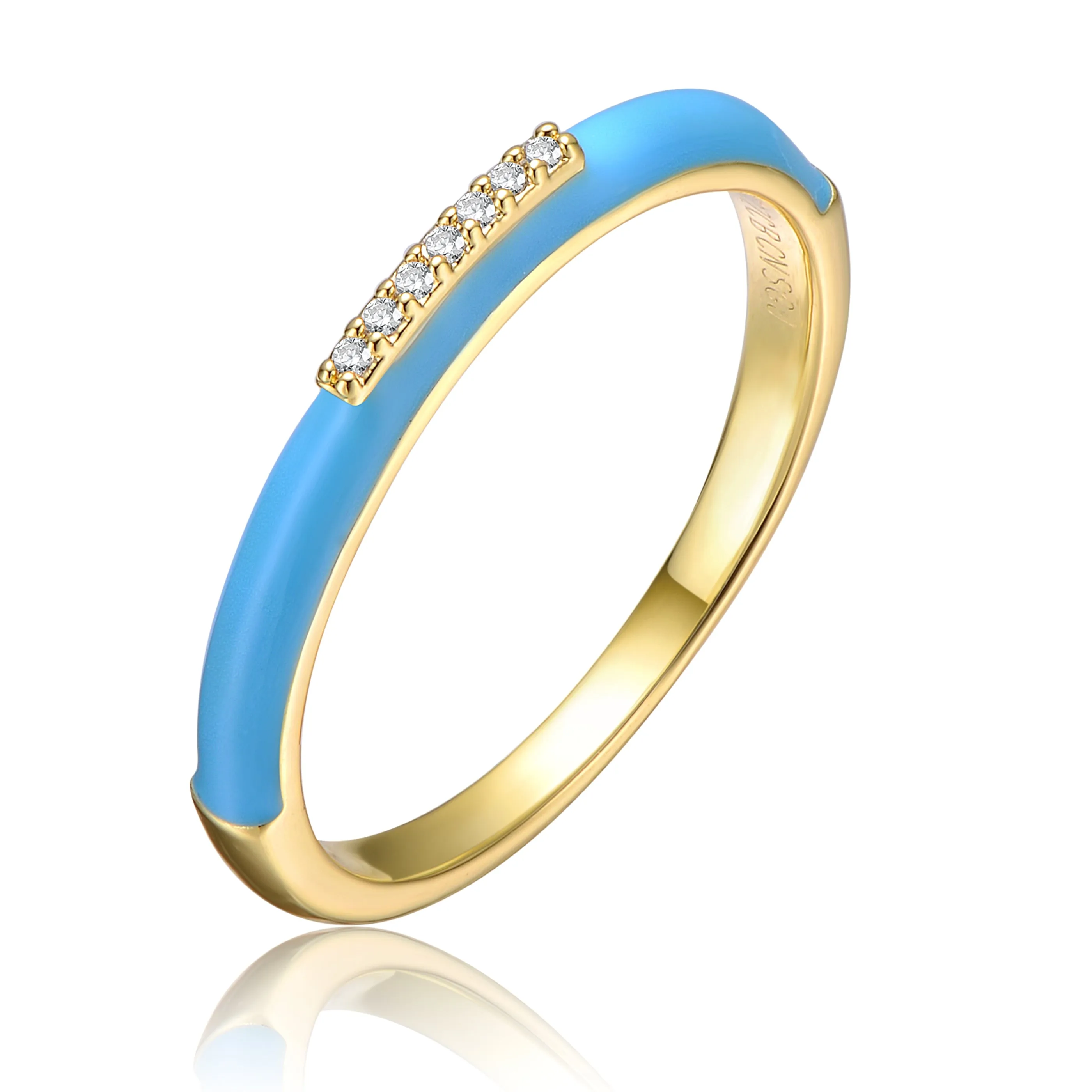 Young Adults/Teens Sterling Silver 14k Yellow Gold Plated with Cubic Zirconia Blue Enamel Slim Stacking Band Ring